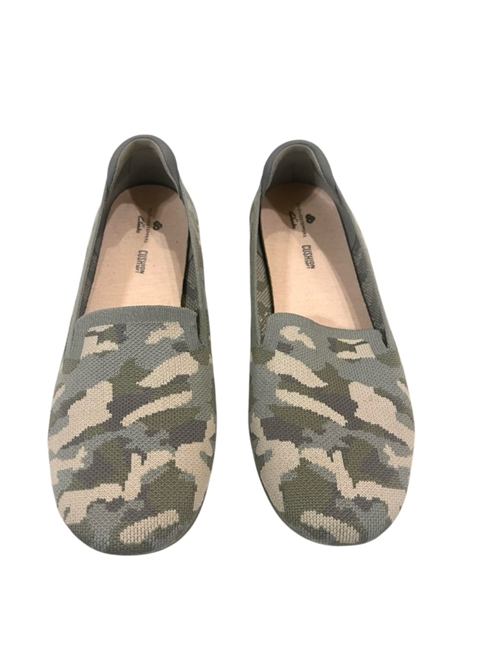 Women's Clarks Cloudsteppers Carly Camo Slip-On Flats Blue Grey - Picture 3 of 4